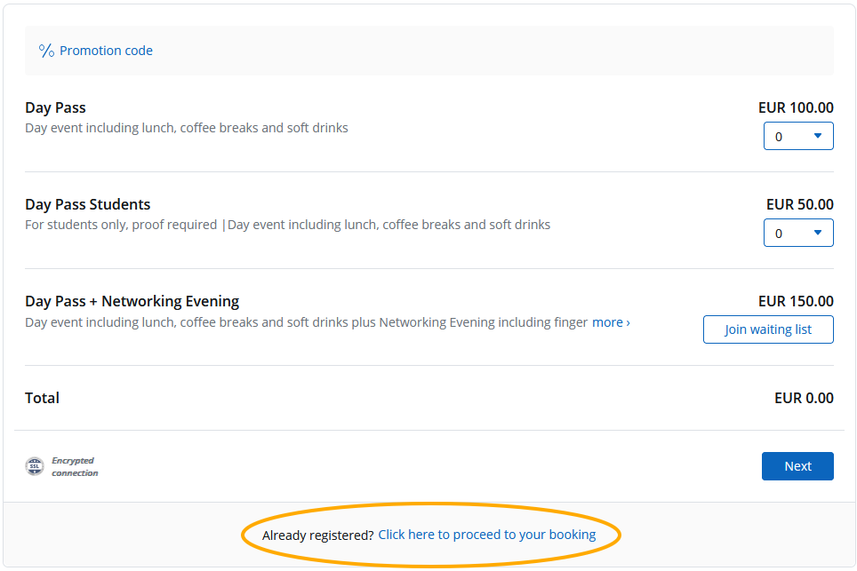 Booking process with the link to booking self-service marked