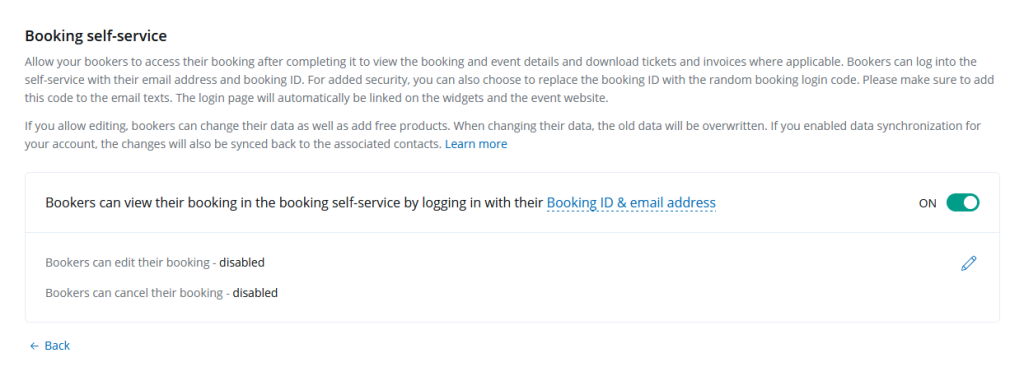 Booking self-serivce settings in the doo Manager App