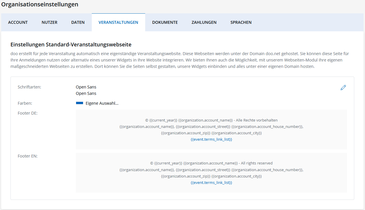 doo Organisationseinstellungen - Anpassungen für Standard-Veranstaltungswebseite