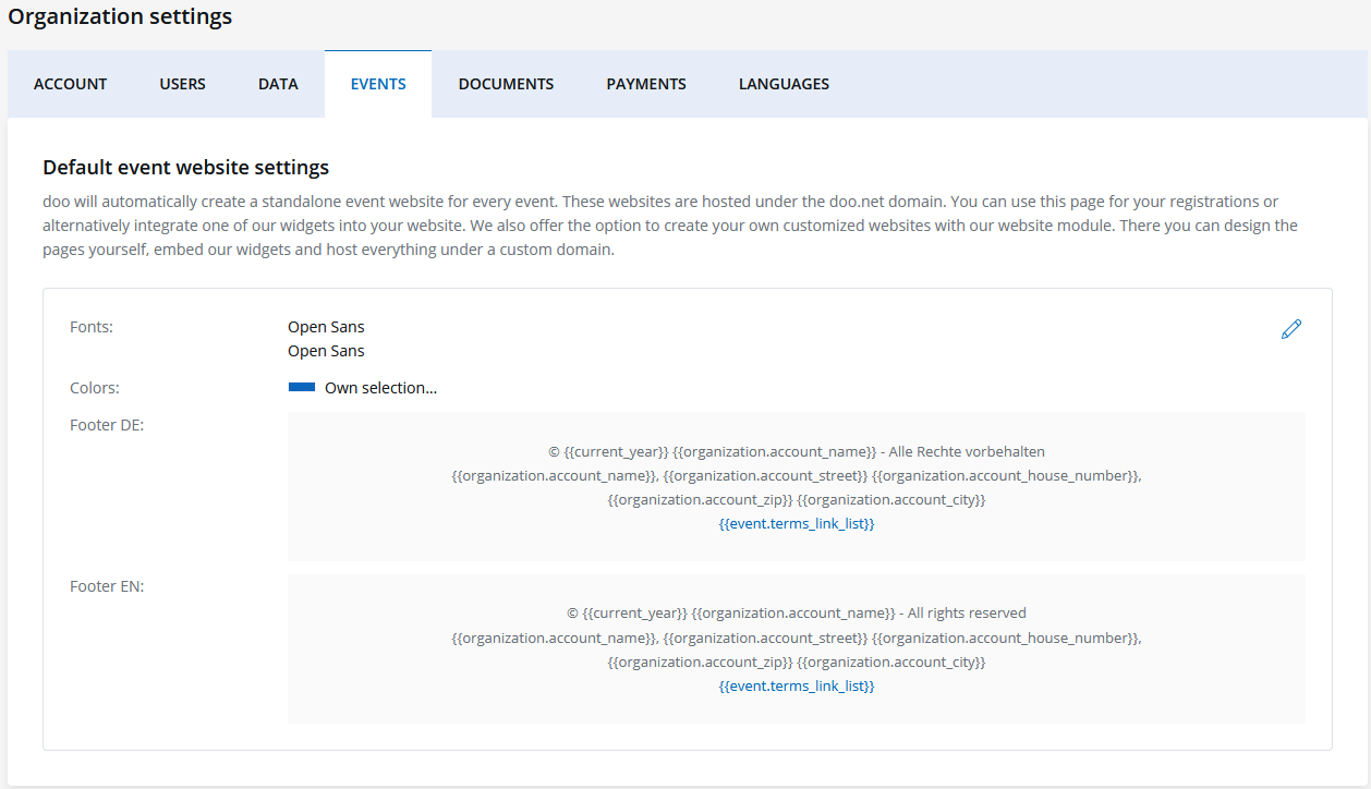 doo organization settings - settings for the default event website